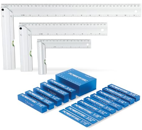 POWERTEC Setup-Blöcke, Höhenmessgerät, 15-teiliges Set, Oberfrästisch-Setup-Stangen mit L-Quadrat, Maschinistenwinkel für Oberfräsenzaun, Tischsägeblatt, Bandsäge, Bohrmaschine (72052)