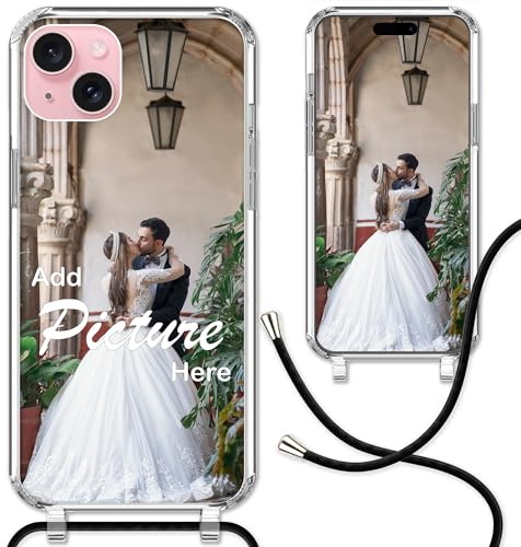 CoverHeld iPhone 15 Plus Handyhülle mit Band selbst gestalten aus Silikon Hülle mit deinem Bild/Design personaliseren und einzigartig Machen/Handykette Kordel Band in Schwarz
