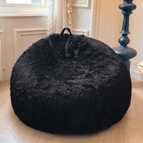 XeGe Flauschiger Kuscheltier-Speicher-Sitzsackbezug (ohne Füllung), waschbar ultraweicher Kunstfell-Sitzsackbezug für Plüschtiere, Flauschiger großer Sitzsack Erwachsene, Kinder, Jugendliche, Schwarz