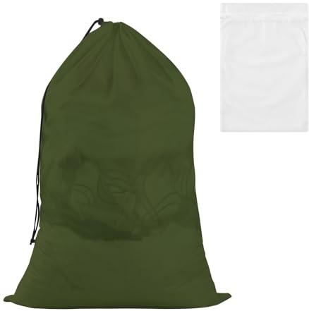 Borsa per la biancheria in tessuto verde militare con coulisse, 61 cm di lunghezza x 95,8 cm di altezza