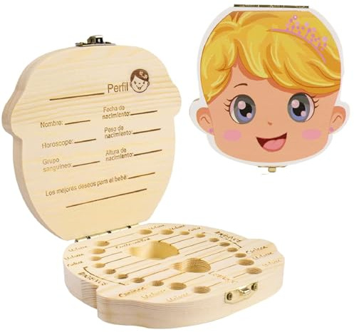 Caja para Dientes de Leche de Madera, Caja para Dientes Leche en Español. | Espacios para cada diente, Niño y Niña, Recuerdo personalizable, ideal bautizos, cumpleaños y conservar recuerdos infantiles.
