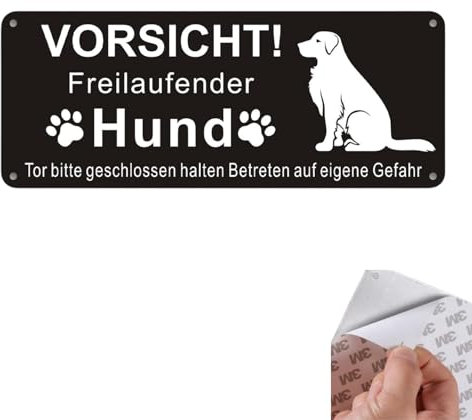 Vorsicht - Cartello di avvertimento per cani, attenti al cane, in alluminio spazzolato, con autoadesivo e fori preforati, 25 x 10 cm