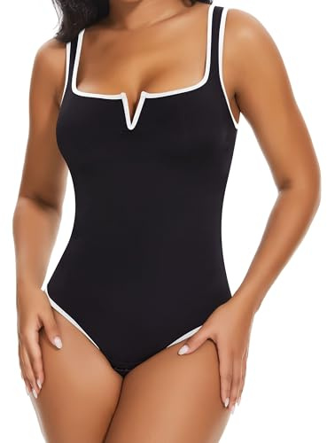 SHAPERIN Bodysuit Bodysuit Dam Fyrkantig Hals Bodysuit Slimmad Shapewear Bodysuit String Body Shaper Undertröja, Svart-vit, S