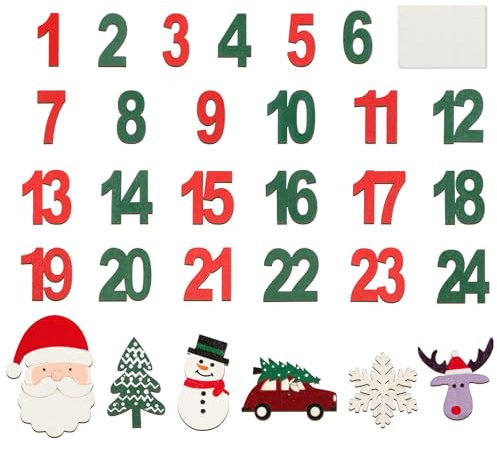 30pcs Décorations de Noël en Bois Chiffres Numéros en Bois 1-24 avec Colle de Point Bricolage DIY pour Calendrier de L'avent Orenement de Noël