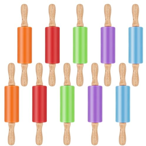 10 Pack Mini Rolling Pin, 23cm Silicone Rolling Pins Bulk with Wooden Handle, Small Non Stick Rolling Pin Dough Roller for Kitchen Baking Pastry Pizza (Orange, Red, Green, Purple, Blue)