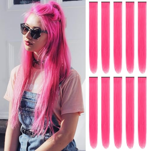 KHDULQ 10 Piezas Extensiones De Clip De Pelo Natural Rosa rosa Extensiones De Clip Mechas Pelo Extensiones De Pelos Fiesta Resaltar Rayas De Pelos De Colores,Regalo De Cosplay