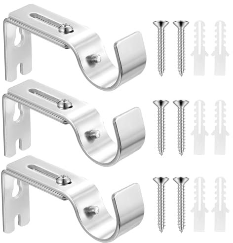 BieMian 3 Pcs Curtain Brackets, Adjustable Curtain Rail , Heavy Duty Wall Curtain Rod Brackets, Metal Curtain Pole Holders for 25mm Poles Door Clothes Drying Rods Supports(Silver)
