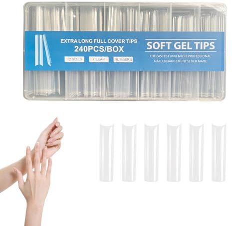 Lot de 240 faux ongles carrés pour ongles en gel, extra longs, transparents, pas de courbe en C, faux ongles carrés pour salons de manucure