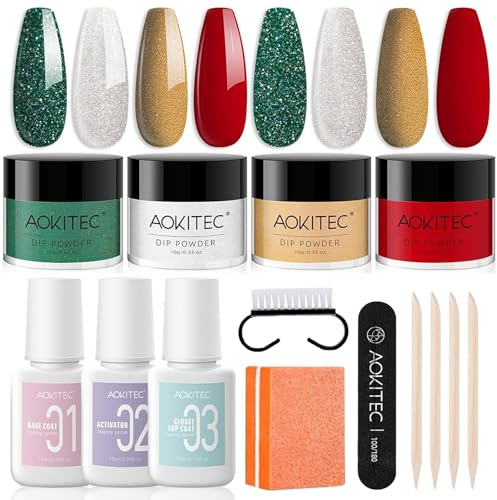 Aokitec 15 PCS Dip Powder Nail Kit, Advent Calendar 2025, 4 Christmas Colours Dipping Powder with Dip Base Activator Top, Nail Dipping Powder Kit for Christmas Nails, Christmas/New Year Gift