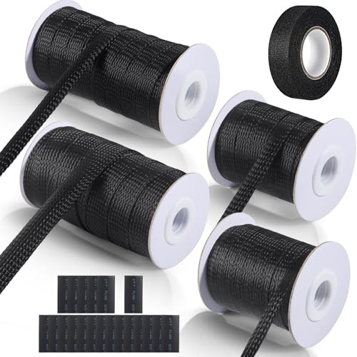 132 ft Expandable Braided Cable Sleeve Wire Loom PET Wiring Sleeving, Mesh Automotive Split Sheathing Wrap Management Heat Shrink for Audio and Other Home Device (1/2 in, 1/4 in, 3/8 in,3/4 in,Black)