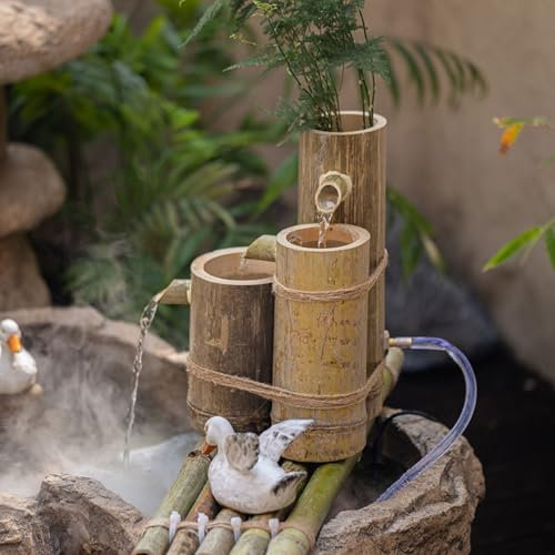sunbiaouk Fontana d'Acqua in bambù con Pompa Solare, Fontana d'Acqua per Esterni, Giochi d'Acqua Fai da Te per Giardino Zen Interno/Esterno, per stagni e Giardini Acquatici(49CM)
