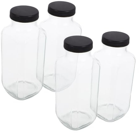 Abaodam 4pcs Glass Juice Bottles with Airtight Lids 500ml Square Reusable Water Bottles for Beverages and Milk Large Capacity Vintage Glassware the Go Hydration