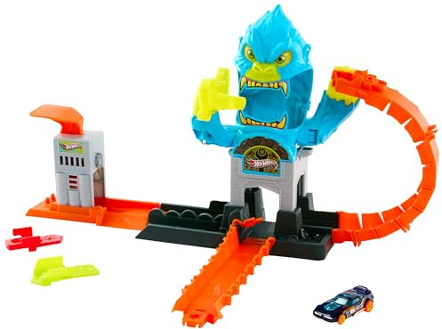 Hot Wheels City Gorilla Slam Attack Spielset und 1:64 Spielzeugauto | Strecken-Set mit mehreren Spielmöglichkeiten, Slam-Start und Looping, Speed Snap Track kompatibel, JHL92