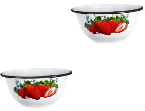 Cabilock 2 Stück Vintage Emailleschüssel Tiefe Suppenschüssel für Restaurants Robuste Salatschüssel Multifunktionale Nudel und Mischschüssel Weiß mit Erdbeer