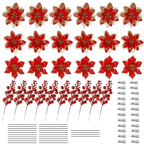 Fleurs de Poinsettia Artificielles à Paillettes, 24 Pièces Fleurs de Noël avec Clips et 10 Tiges de Baies, Poinsettia Artificiel pour Guirlande, Couronne, Sapin de Noël, Nouvel An Décoration (Rouge)