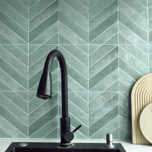 Alwayspon Lot de 10 feuilles de 29,03 cm x 22,86 cm Motif chevron vert sauge 3D autocollants en vinyle pour carrelage mural, autocollants à coller et décoller, autocollants anti-éclaboussures
