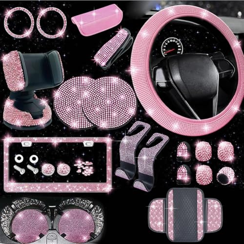 arricraft 28 Teiliges Bling Autozubehör Set Inklusive Lenkradbezüge Mit Universeller Passform Nummernschildrahmen Mittelkonsolenabdeckung Auto Schnellladegerät Schulterschutz Untersetzer (Rosa)