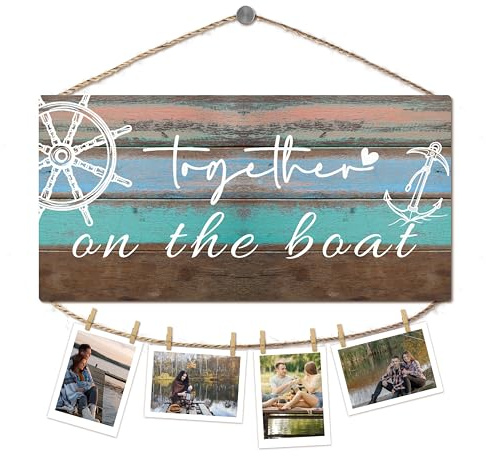 Foyoulame Boating Gifts Hanging Photo Display, Boating Couple Wooden Picture Board for Photos, Gifts for Boat Owners Lovers Couple, Together on the Boat Nautical Decorative Photo Holder for Wall