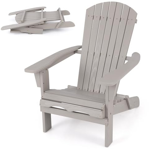 GOPLUS Adirondack Stuhl 1er Set, Adirondack Chair klappbar aus Tannenholz bis 180kg belastbar, mit ergonomischer Rückenlehne & Breiten Armlehnen, Holzstuhl für den Garten Hof Balkon, Grau