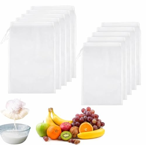 Alrens 10 PCS Muslin Cloths for Cooking, Reusable Drawstring Straining Bags | 100 mesh, food-grade nylon, 5x20x30cm + 5x24x36cm, drawstring, washable, for nut milk/yogurt/juice/cheese/cold brew coffee
