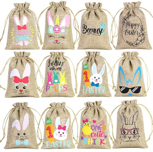 Påsk kanin linne jutepåse - 12 delar Goody Bag med dragsko Bunny Burlap Bag - Burlap Säck Linne Ägg Godispåse för festfavor