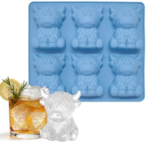 3D Highland Kuh Eiswürfelform Silikon, 6er Eiswürfelbehälter für Whisky & Cocktails, Lustige Kuh Eiswürfel Form, Große Eiswürfel für Getränke, Bar, Party & Geschenk