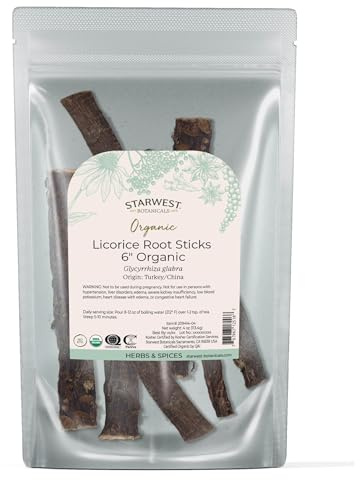 Starwest Botanicals Organic Dried Licorice Root Sticks 6 - Herb for Loose Leaf Tea Blends, Candy, & Baked Goods, Cut & Sifted, Certified Kosher, Non-GMO - 4 oz Pouch