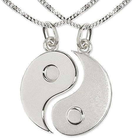 CLEVER SCHMUCK Partnerketten mit Yin Yang Ø 20 mm Partneranhänger geteilt 2 x Kette Panzer je 45 cm Sterling Silber 925 im Schmucketui