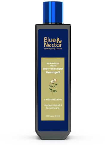 Blue Nectar Sensuous Jasmin Körpermassageöl für entspannende Massagetherapie mit ätherischen Ölen | 100% natürliche Inhaltsstoffe (8 Kräuter, 200ml) | After-Shower Körperöl für Ganzkörper-Entspannende Massagetherapie | 8 Ayurveda-Öle mit Vitamin E & Ashwagnadha (200 ml)