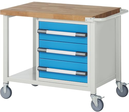 eurokraft | Fahrbare Werkbank Serie 8000 | Gestellbauweise | 3 Schubladen | Ablageboden | BxT 1000 x 700 mm