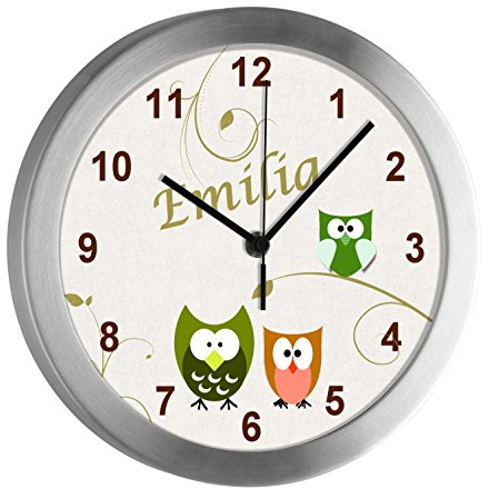 CreaDesign Kinder Funkwanduhr mit (Wunsch) Namen | Kinderzimmer Funkuhr| mit Analog ? Ziffernblatt | geräuscharm | Wanduhr Kind | Motiv Eule