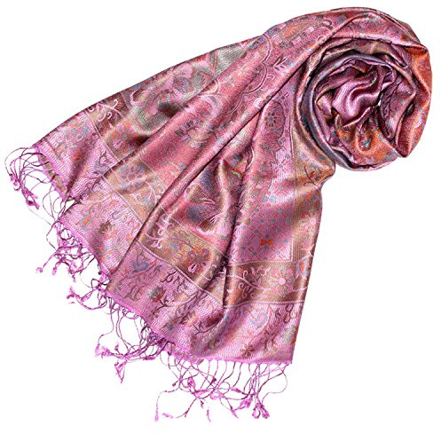 Lorenzo Cana Pashmina sjal växelduk jacquard vävd 100 % silke paisley-mönster sidenscarf sidenscarf pashmina flerfärgad 70 x 190 cm, Rosa-guld-ljusgrön, 70 x 190 cm