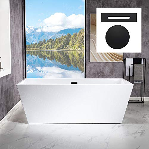 WOODBRIDGE 67 Acrylic Freestanding Bathtub Contemporary Soaking White Tub with Matte Black Overflow and Drain，BTA1512-MB-Drain&O