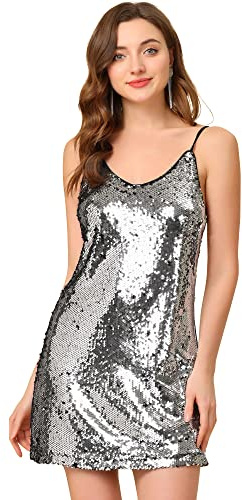 Allegra K Dam party glitter justerbar rem mini glittrande paljettklänningar, Silver (med svarta), L