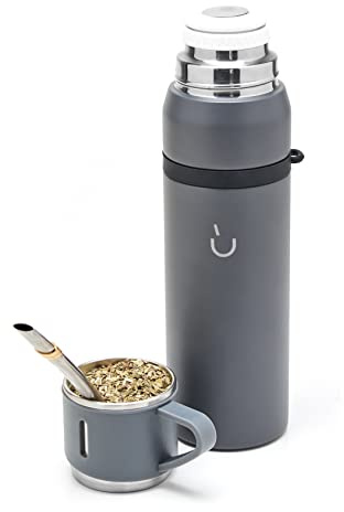 BALIBETOV Termo de camping para mate, aislado al vacío con doble pared de acero inoxidable, un frasco térmico mate especialmente diseñado como kit Mate Argentino que incluye bombilla y taza mate (gris