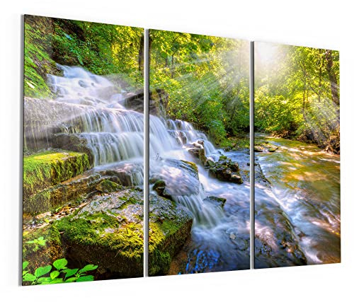 DEQORI Glasbilder Acrylglas | Motiv Wasserfall im Grünen | horizontal 3-teilig 150x100 cm | große XXL Deko | Wandbilder für Wohnzimmer, Schlafzimmer, Flur & Küche | moderne Wanddeko