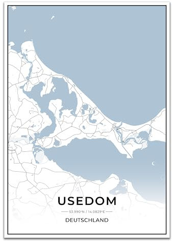 Vacentures Usedom Karten Poster - Premium Wandbild ohne Bilderrahmen I Moderne Wanddeko für Wohnzimmer oder Schlafzimmer I Hochwertiger Druck (Blau, 30x40 CM)