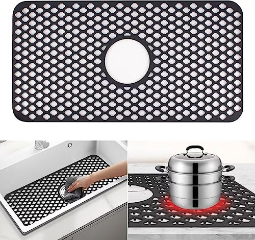 Diskhoinlägg, silikon, stor, 63 x 33 cm, diskhomatta, fyrkantig, värmebeständig diskmatta för diskho, halkfri diskbänk, matta, kök, vikbar, diskho, inlägg, medelhål