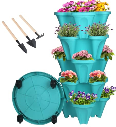 GameXcel Tour de jardin vertical - Jardinière empilable sur 5 niveaux avec roues et outils Pots pour fraises, herbes, fleurs et légumes Usage intérieur et extérieur Bleu-vert