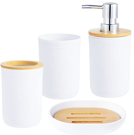 Kinsinder 4 Stück Bambus Badezimmer Zubehör Set, Bad Accessoire Set Zahnputzbecher, Bambus Bad Zubehörset mit Zahnbürstenhalter, Mundwasser Cup, Lotion Flasche und Seifenschal (Weiß)