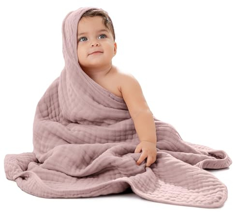 Comfy Cubs Baby-Kapuzenhandtuch aus 9-lagigem Musselin-Baumwolle, groß (32 x 32), ultraweich, warm und saugfähig. Niedlicher Unisex-Bezug für Mädchen und Jungen (1 Stück, Mauve)