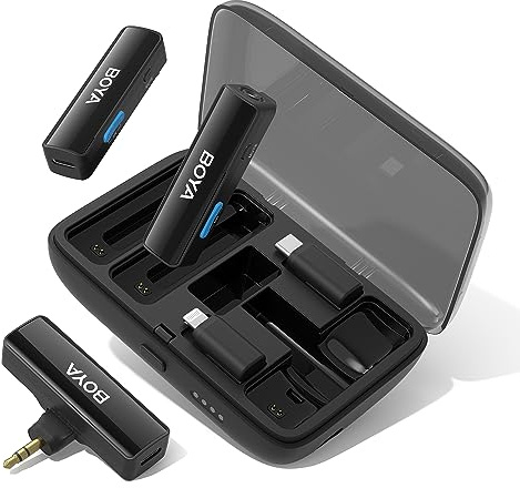 BOYA BOYALINK Sistema de micrófono dual y entradas Lightning y USB-C para iPhone, teléfonos inteligentes Android/cámara DSLR