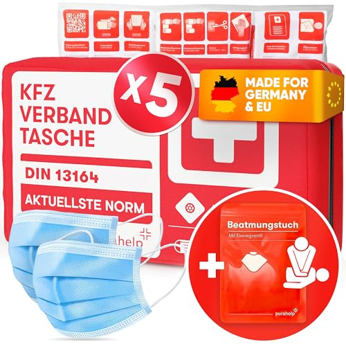 PURAHELP 5x KFZ Verbandskasten nach aktueller Norm 2026 DIN 13164 | (StVO Konform) - Inkl. Beatmungstuch - Erste Hilfe Set Auto Verbandskasten 2026