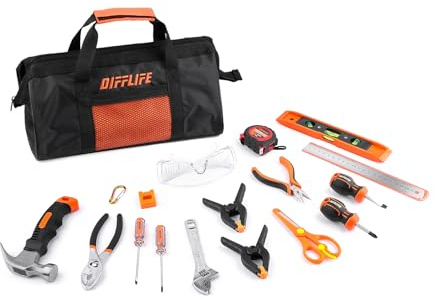 Difflife 18-Piece Hand Tool Set Kids Real, Tool Kit with Storage Bag for Boys, Girls, Children DIY Building and Woodworking, Age 8+ Tool Set-18 Piece