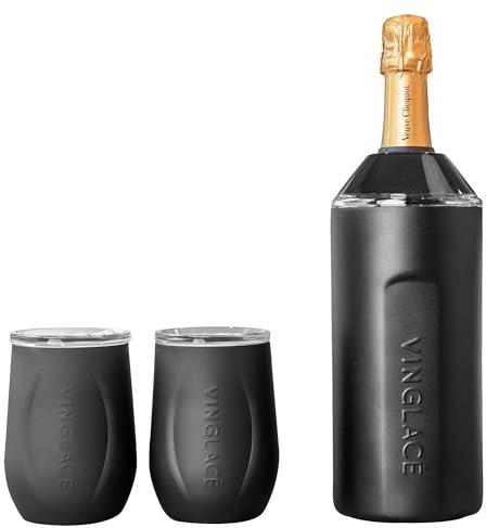 Vinglacé Wine Bottle Chiller Gift Set- Portable Stainless Steel Wine Cooler with 2 Stemless Wine Glasses, Black, VBLK2WGVG