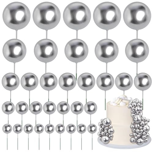 Mini Balls Cake Toppers 5 Sizes Foam Ball Cake Picks Cake Decorations Black Color Mini Balloons Stick Cake Cupcake Toppers for Xmas Baby Shower Girl Birthday Party Supplies (Silver, 55 PCS)