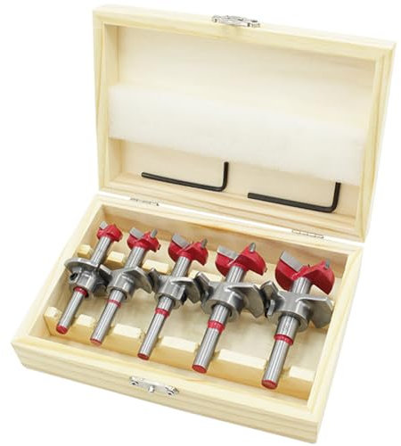 Meichoon Forstner - Punte da trapano in acciaio al carbonio, 5 pezzi, 15 mm, 20 mm, 25 mm, 30 mm, 35 mm, posizionamento regolabile, per lavorazione del legno, per legno morbido e duro