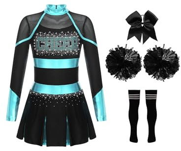 HULIJA Kinder Mädchen Cheer Leader Kleid Langarm Cheerleading Uniform mit Pompoms + Socken + Kopfschmuck Cheer Outfits Set Karneval Cosplay