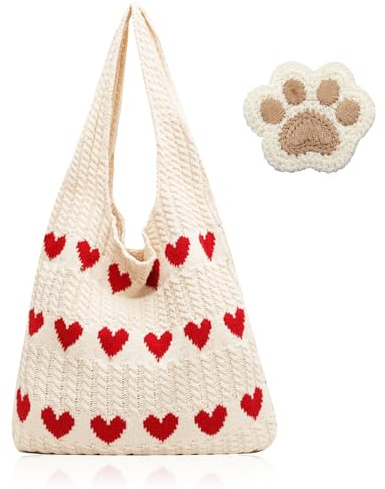 Cinsersr Tote Bag Aesthetic Gehäkelte Tasche Crochet Bag Gestrickte Umhängetasche Gehäkelte Einkaufstasche Kommt mit 1 Stück Bärentatzen-Taschenanhänger Herzförmige Strandtaschen-Handtasche