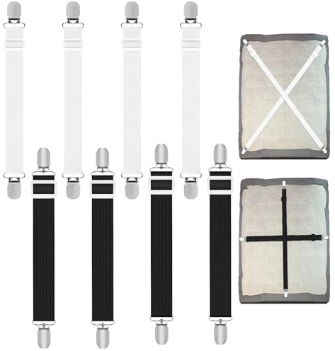 PVFZXS 8 Stück Spannbettlaken Spanner, Hosenträger Clips, Bettlakenspanner Verstellbar, Lakenspanner mit Metallclips, Matratzenspanner für Bettlaken, Matratze, Sofa, Bügelbrett(Weiß und Schwarz)